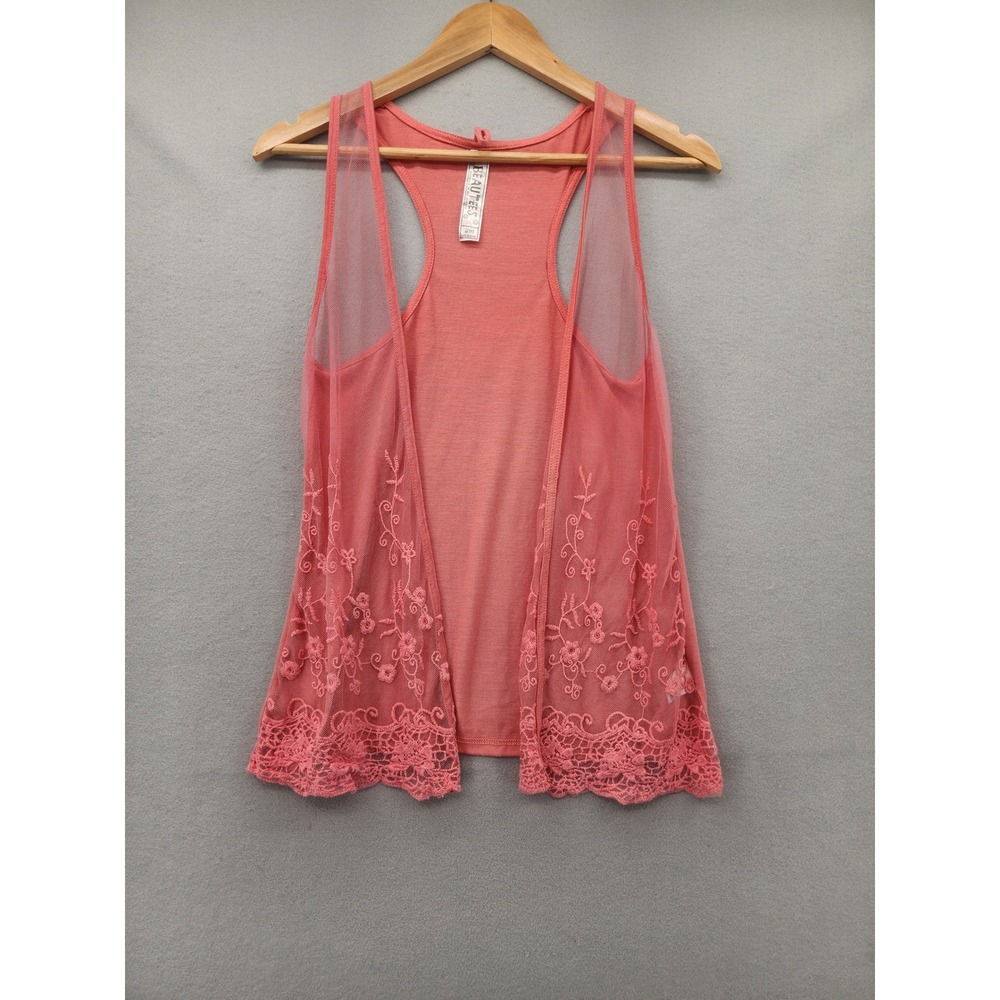 Beautees Girls Coral Pink Embroidered Floral Lace Mesh Vest Racerback Tank Top L